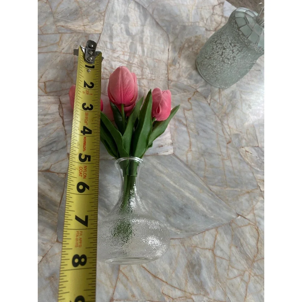 Pink Faux Tulips in‎ Textured Clear Glass Bud Vase Arrangement 8.5 Inch